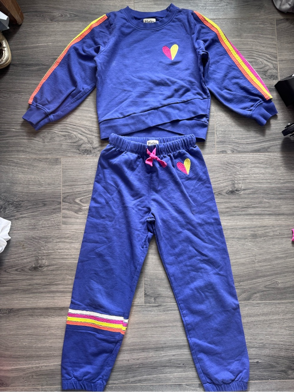 Hatley Jogger Set Heart Stripe School Comfy Cotton French Terry Violet Blue 6